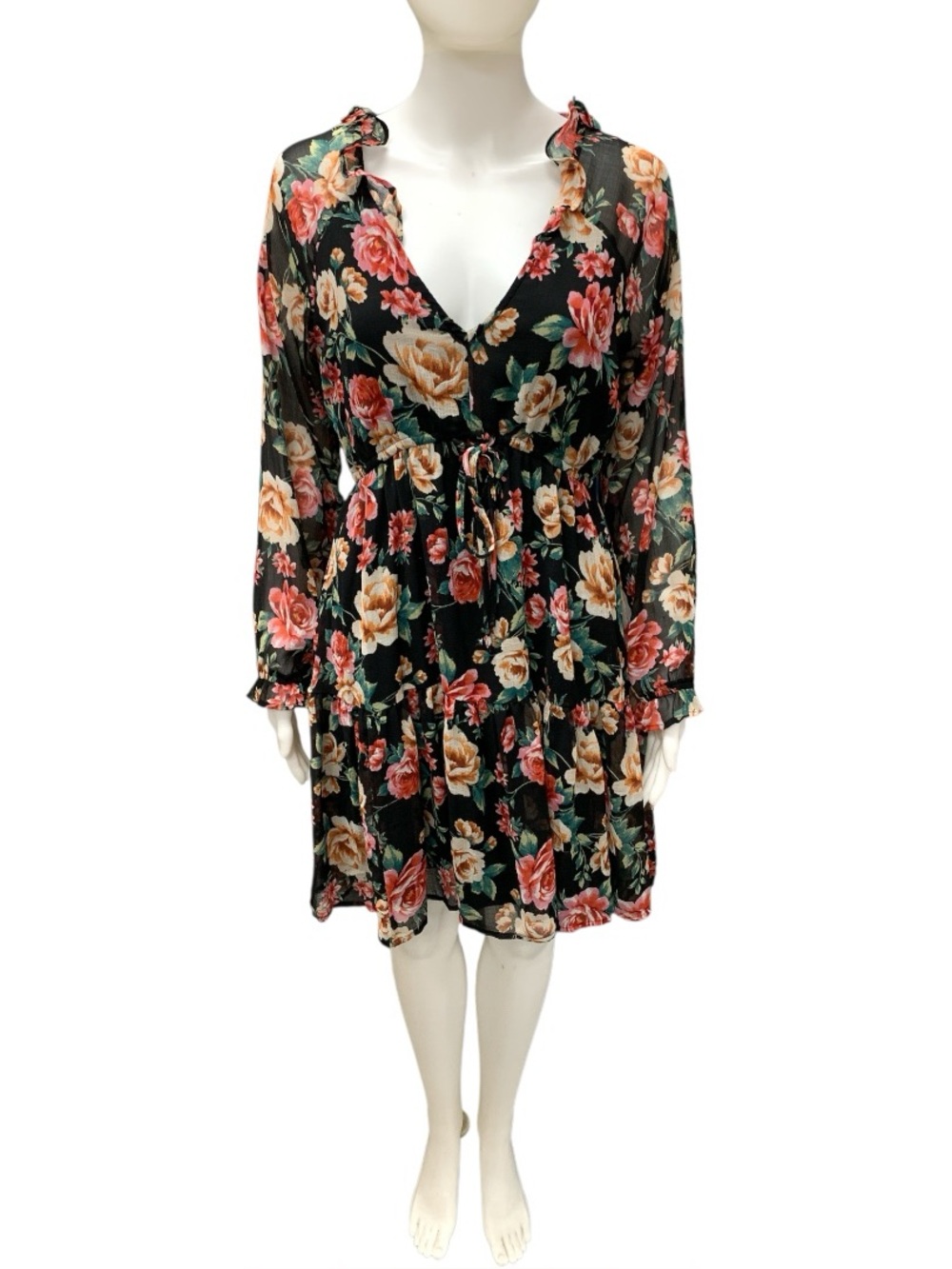 American Eagle Outfitters Black Floral Long Sleeve Tie-Waist Dress Size M